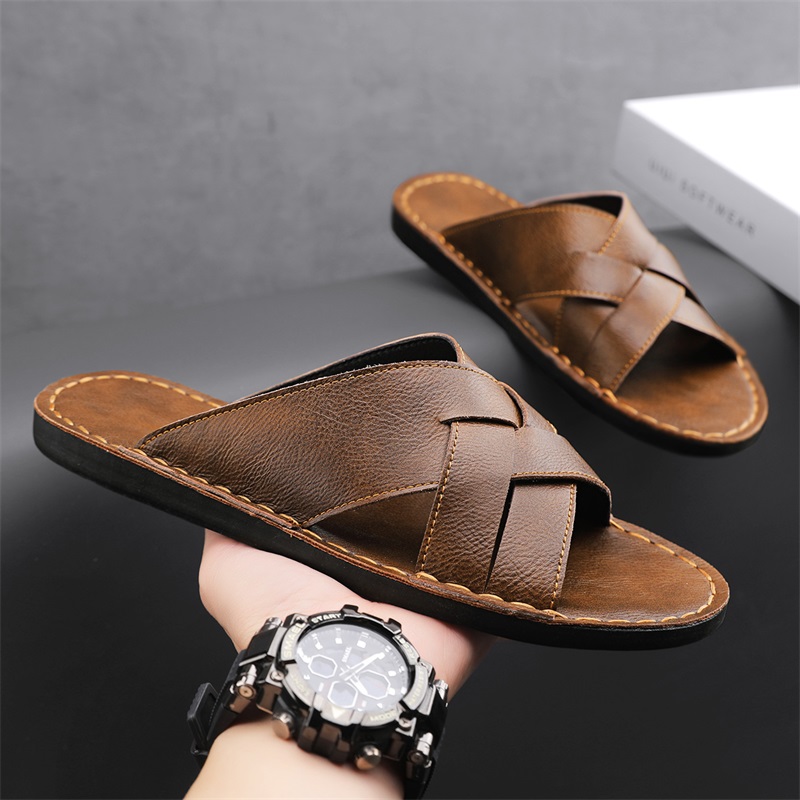 Leather Work Flats - صنادل رجالية كاجوال من الجلد الطبيعي،