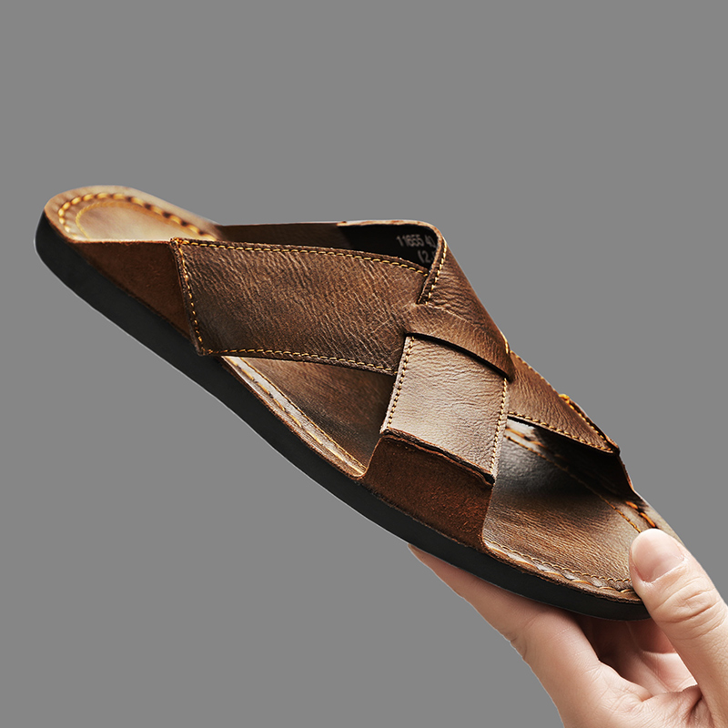 Leather Work Flats - موضة جلد أصلي للرجال النعال الصيف